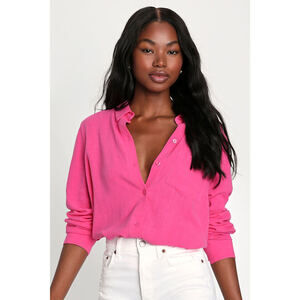 Lulus Fave 'fit Hot Pink Linen Long Sleeve Collared Button-up Top - Size M